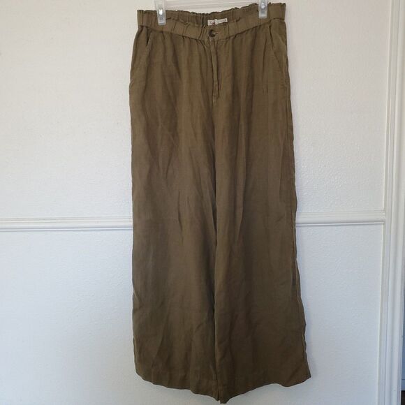 Faherty 100% Linen Pants Womens L Wide Leg Elastic Waist Button Zip Tan Brown - Picture 1 of 16